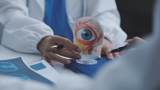 Doctors discuss eye health using an anatomical eye model during a medical consultation, reviewing documents and explaining details on a desk.