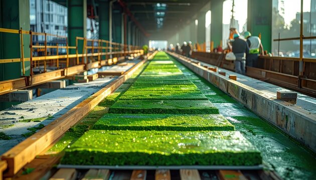 Industrial Algae Cultivation Facility with Rows of Green Algae Tanks.