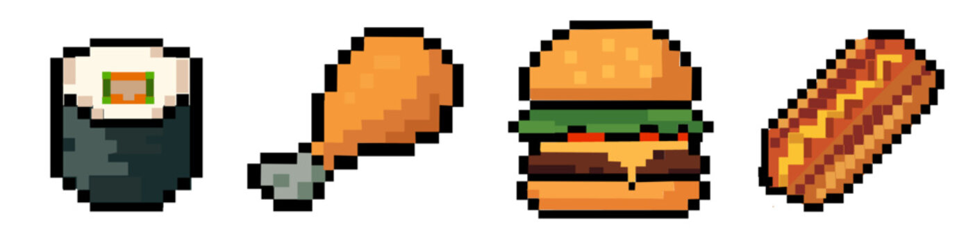 Banner Set of A collection of pixel art fast food icons featuring a sushi,hamburger, chicken and hot dog in a retro 8-bit video game vector graphic design	