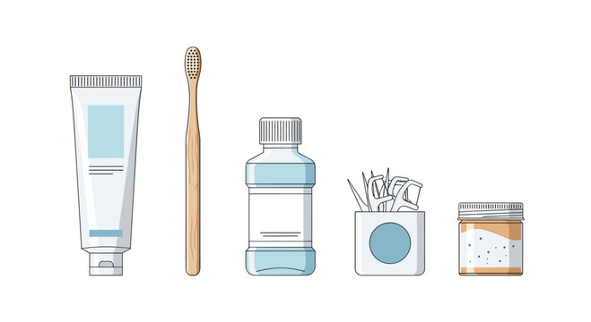 A collection of five essential dental hygiene products including a toothpaste tube, toothbrush, and floss is arranged in a line against a clean white background.