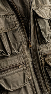 Close up of rugged khaki jacket pockets and zipper details.generative AI