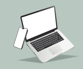 Naklejka premium Realistic levitation laptop computer and smartphone mockup