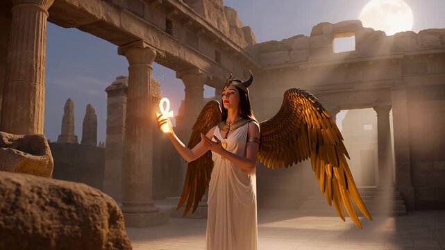 Goddess Isis Holding Ankh Symbol in Ancient Egyptian Temple Ruins