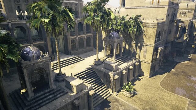 Sunlit grand stair pavilion with central canopy and towering palms, ceremonial steps leading to elevated terrace, warm golden light and textured stone, perfect