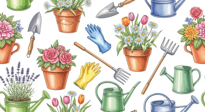 Colorful gardening tools and flowers in pots, seamless pattern watering cans gloves