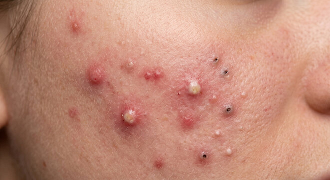 close-up of problematic skin with severe acne, inflamed pimples,Whitehead and blackheads on a human skin