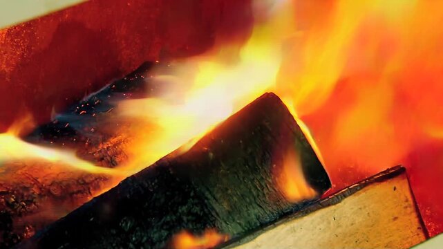 Warm, vivid flames beautifully engulf robust logs nestled within a cozy fireplace, creating an inviting and peaceful evening atmosphere.