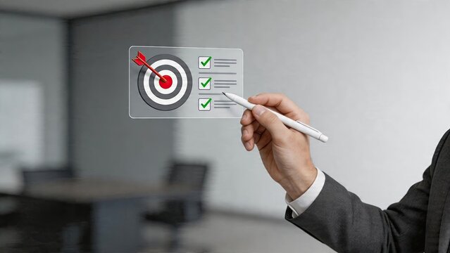 Business man holding digital tablet with target bullseye and checklist success concept achieving goals planning strategy modern office technology workspace background