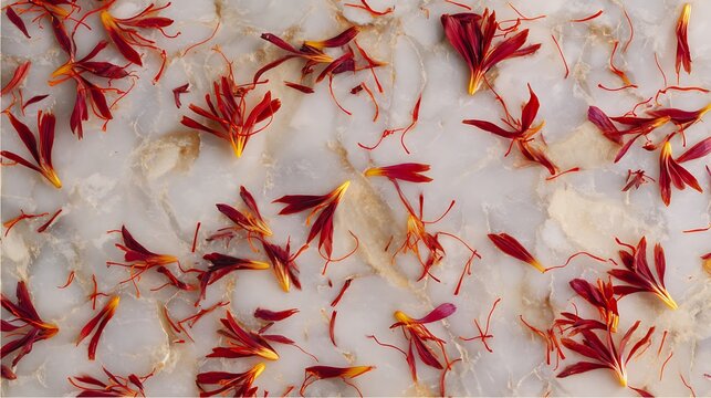 Vibrant safflower petals scattered on white surface showcasing red orange hues and delicate textures in close up