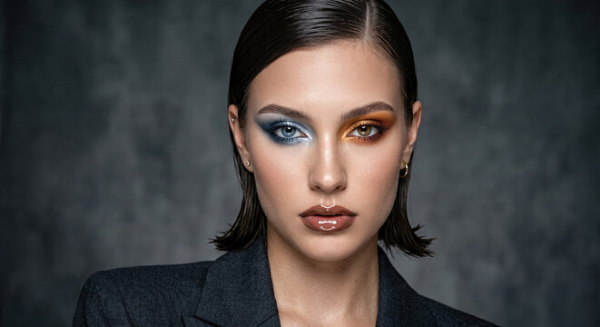 Dramatic beauty portrait with smoky blue eye makeup.generative AI