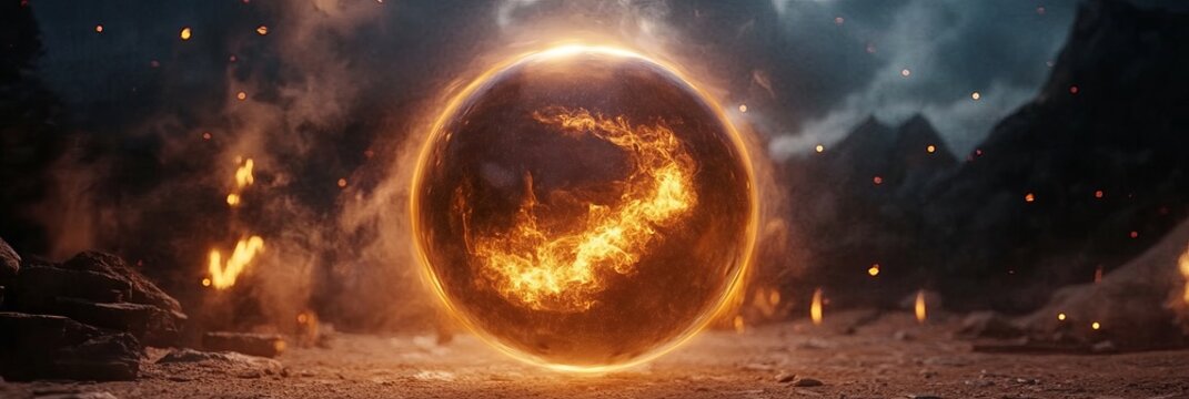 A Magical Sphere Surrounded by Flames, Evoking Mystery in Enigmatic Fantasy Settings and Worlds