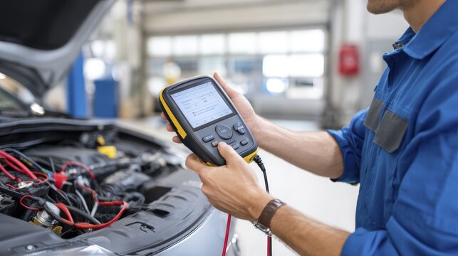 Mechanic using diagnostic tool for vehicle maintenance in auto repair shop