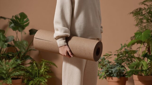 Person holding yoga mat in minimalist indoor plant setting