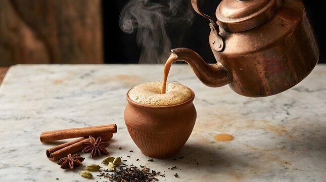 Traditional Masala Chai Pouring into Clay Matka Cup