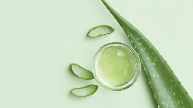 Fresh aloe vera gel with green leaves on pastel background for natural skincare concept