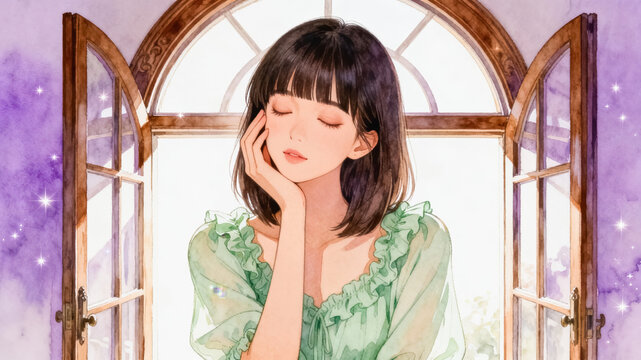 Soft watercolor illustration depicts a young woman with bangs resting her cheek on her hand by an open arched wooden window, in a dreamy purple-toned indoor space.