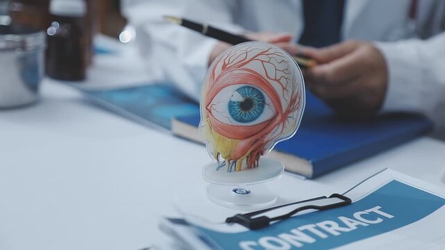 Doctors discuss eye health using an anatomical eye model during a medical consultation, reviewing documents and explaining details on a desk.