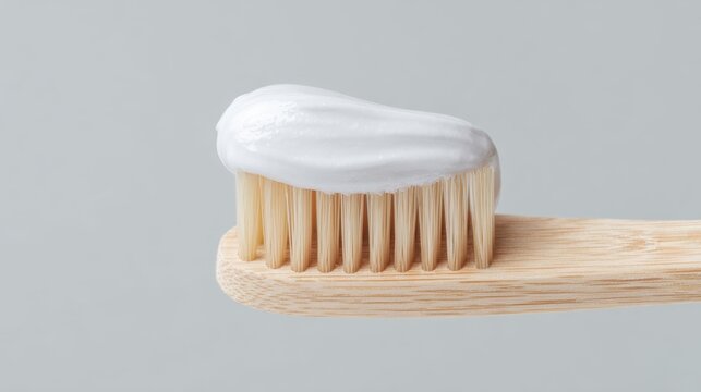 Close-up of wooden bamboo toothbrush with white toothpaste on bristles