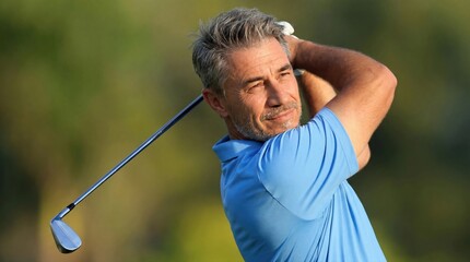 Senior amateur golf player on course hitting the ball, swinging the club, smiling. Portrait of middle aged, older man enjoying leisure activity. Health, sport and lifestyle . © nyul