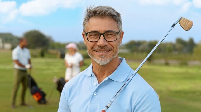 Senior amateur golf player on course looking at camera, smiling, holding golf club. Portrait of happy middle aged, older man enjoying leisure activity. Health, sport and lifestyle.