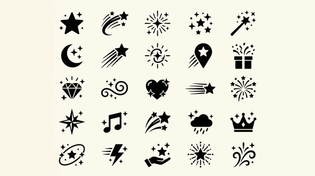 A Collection of Celestial and Celebratory Iconography Featuring Stars, Fireworks, and Symbols of Joy and Achievement