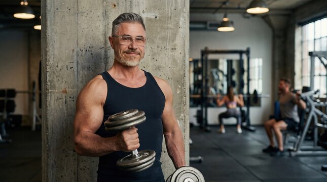 Senior man doing biceps curl exercise in gym. Middle aged muscular male in 50s on weight training workout. Healthy active lifestyle, fitness in older age. Sport activity as daily routine.