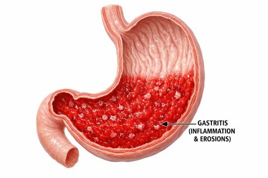 GERD Acid Reflux gastritis medical 3D illustration cutaway shows healthy fundus mucosa contrasted with inflamed antrum featuring erosions and hyperemia, detailed gastroenterology render