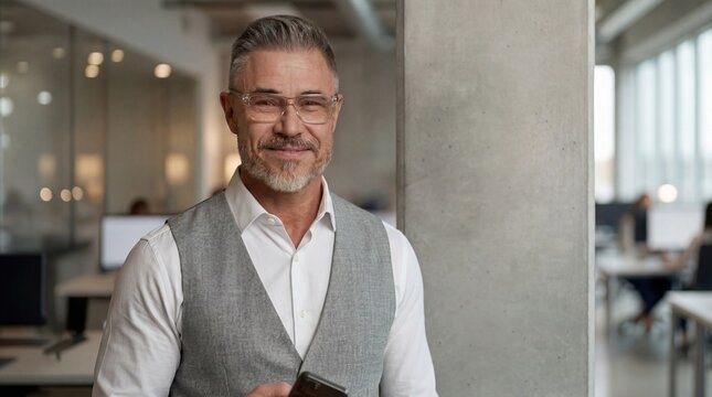 Confident, successful middle aged businessman in office. Portrait of happy mid adult man smiling. Mature entrepreneur standing in corporate workspace. Senior male in business vest and white shirt.