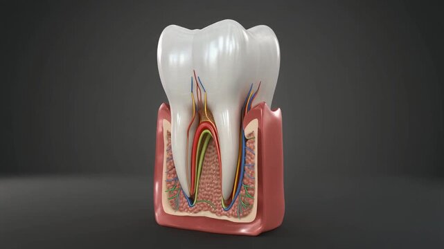 Cross-sectional anatomical model of human tooth showing enamel, dentin, pulp, root canals, nerves, blood vessels, and gum tissue.