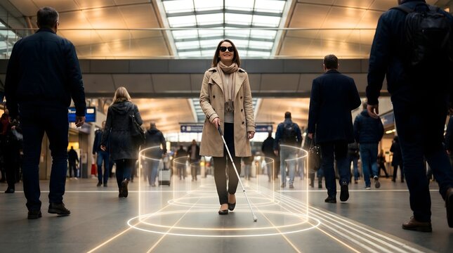 Visually Impaired Woman Navigating Train Station with Smart Cane - Inclusive Tech