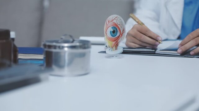 Doctors discuss eye health using an anatomical eye model during a medical consultation, reviewing documents and explaining details on a desk.