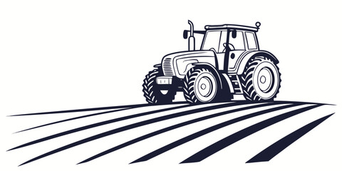 Modern farm tractor on a plowed agricultural field with distinct furrows outline graphic rural life line art black and white agriculture agricultural cultivation countryside machinery © AC