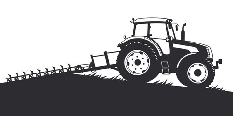 Agricultural tractor plowing field with furrows farm machinery tillage equipment monochrome vector illustration of farming work agriculture machinery equipment farmland cultivate industry © AC