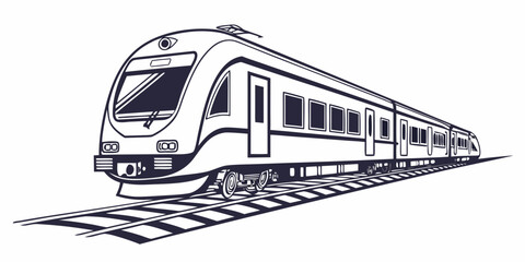 High speed passenger train on railroad tracks modern public transport vehicle monochrome vector illustration of rapid transit railroad transport passenger locomotive carriage commuter © AC