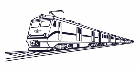 Classic electric train with pantograph on railroad front view of commuter public transport monochrome vector illustration electric railroad transport passenger pantograph locomotive commuter © AC