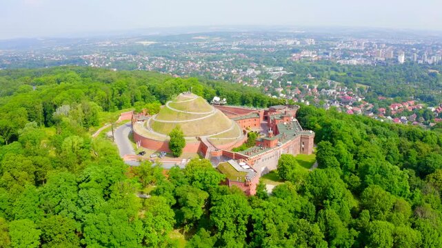 Krakow, Poland. Barrow Kosciuszko (Krakow). Historical monument. The construction of the mound was completed in 1823. Drone footage, Point of interest
