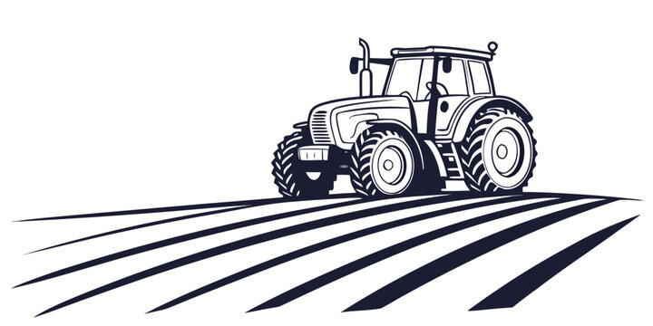Modern farm tractor on a plowed agricultural field with distinct furrows outline graphic rural life line art black and white agriculture agricultural cultivation countryside machinery