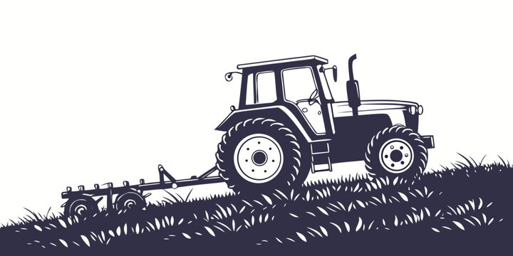 Classic farm tractor plowing grassy field on a slope outline illustration vector with rural life line art black and white agriculture agricultural cultivation countryside machinery equipment