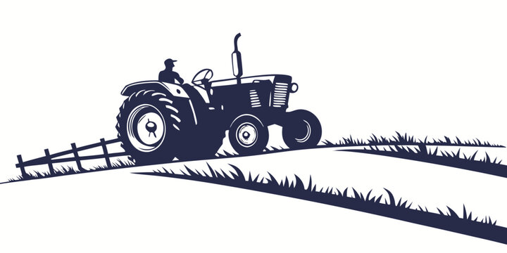 Farmer driving tractor pulling cultivator on rolling agricultural field outline design with rural life line art black and white agriculture cultivating agricultural cultivation countryside