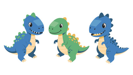 Fototapeta premium Cute cartoon baby dinosaurs illustration set. Friendly blue and green dino characters for kids' designs.
