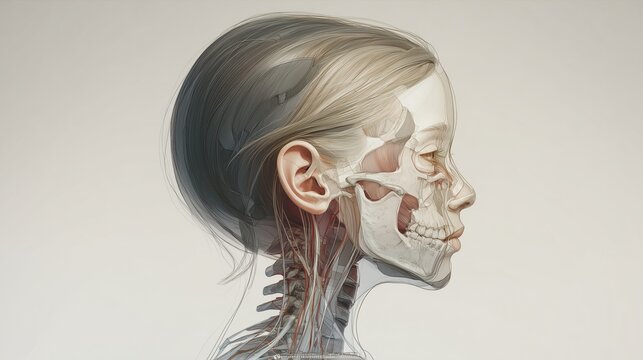 Anatomical illustration of a child&rsquo;s developmental features associated with Cornelia de Lange Syndrome, subtle skeletal and facial structure differences visualized in semi-transparent layers