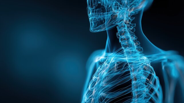 X-ray style visualization of a pediatric skeleton, subtle anatomical differences, glowing cyan bones on dark gradient background, minimalistic composition