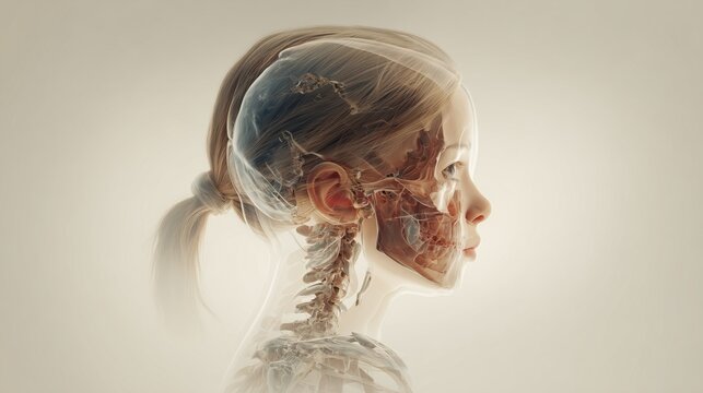 Medical illustration showing layered anatomy of a child with Cornelia de Lange Syndrome, semi-transparent skin revealing skeletal and soft tissue structure, subtle craniofacial differences emphasized