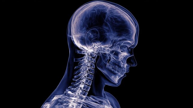 X-ray style illustration with semi-transparent layers, skeletal system emphasized with faint soft tissue shadows, cranial and limb structure differences associated with Cornelia de Lange Syndrome 