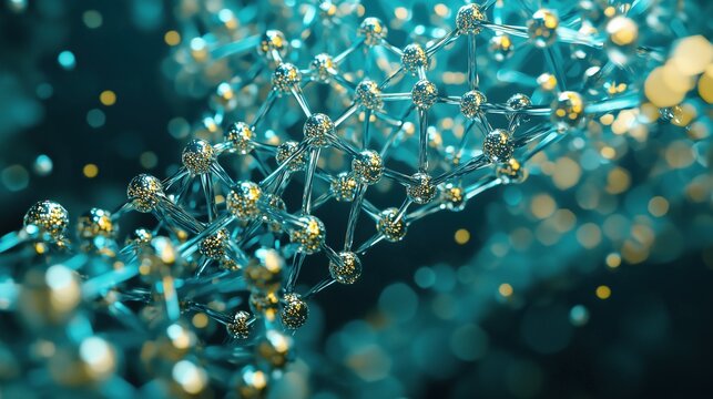 Cornelia De Lange Syndrome: 3D render of NIPBL protein molecular structure, photorealistic atomic surface model, iridescent teal and gold color scheme, caustic light reflections on protein surface