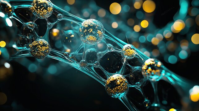 Cornelia De Lange Syndrome: 3D render of NIPBL protein molecular structure, photorealistic atomic surface model, iridescent teal and gold color scheme, caustic light reflections on protein surface