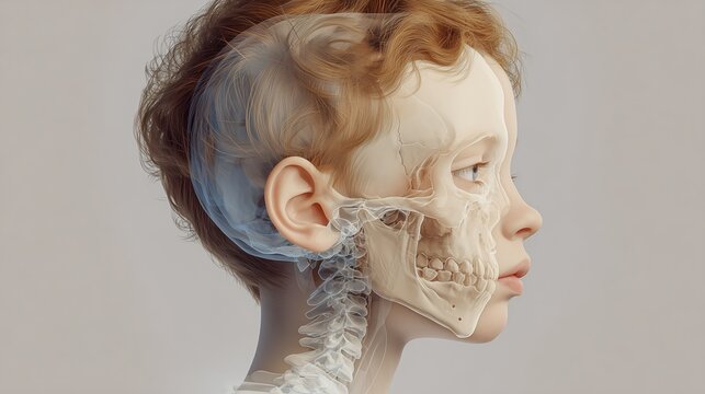 Anatomical illustration of a child&rsquo;s developmental features associated with Cornelia de Lange Syndrome, subtle skeletal and facial structure differences visualized in semi-transparent layers