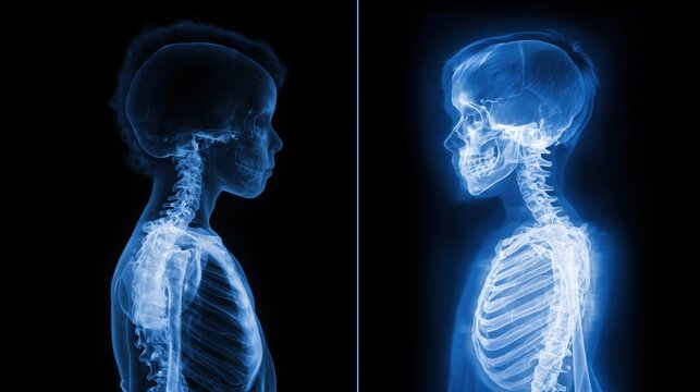 Split-screen X-ray style comparison: left side normal child skeleton, right side child with Cornelia de Lange Syndrome showing subtle skeletal and craniofacial differences, precise anatomical alignmen