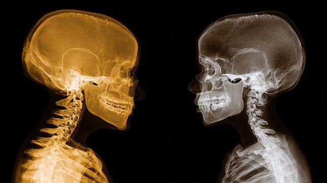 Split-screen X-ray style comparison: left side normal child skeleton, right side child with Cornelia de Lange Syndrome showing subtle skeletal and craniofacial differences, precise anatomical alignmen