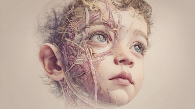 Anatomical illustration of a child&rsquo;s developmental features associated with Cornelia de Lange Syndrome, subtle skeletal and facial structure differences visualized in semi-transparent layers